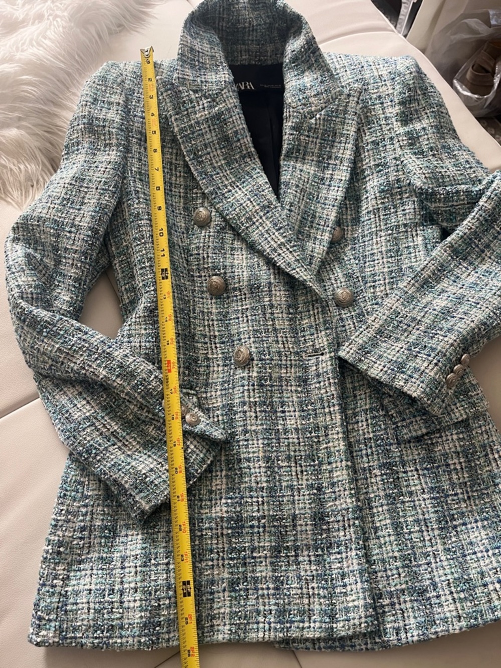 Zara Teal & White Tweed Double-Breasted Blazer - Picture 3 of 15